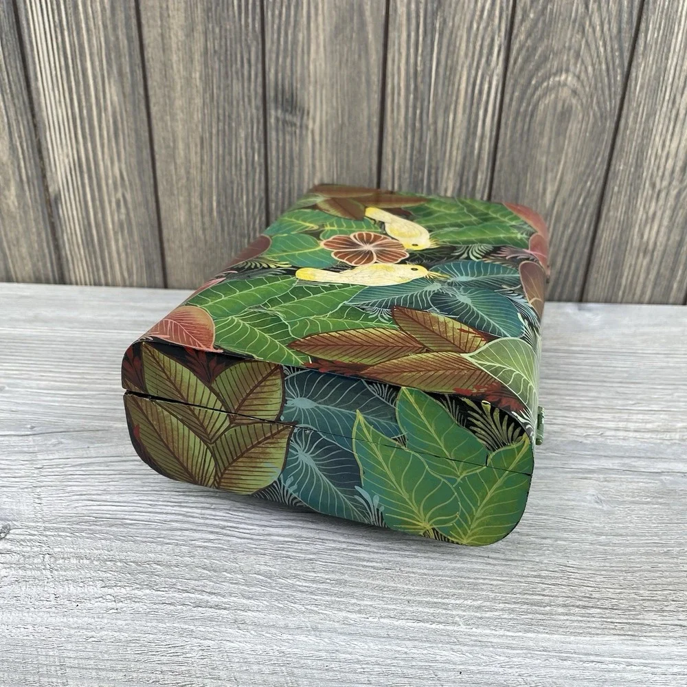 Vintage Hand Painted Wooden Box Parrot Floral Jewelry Storage Trinket